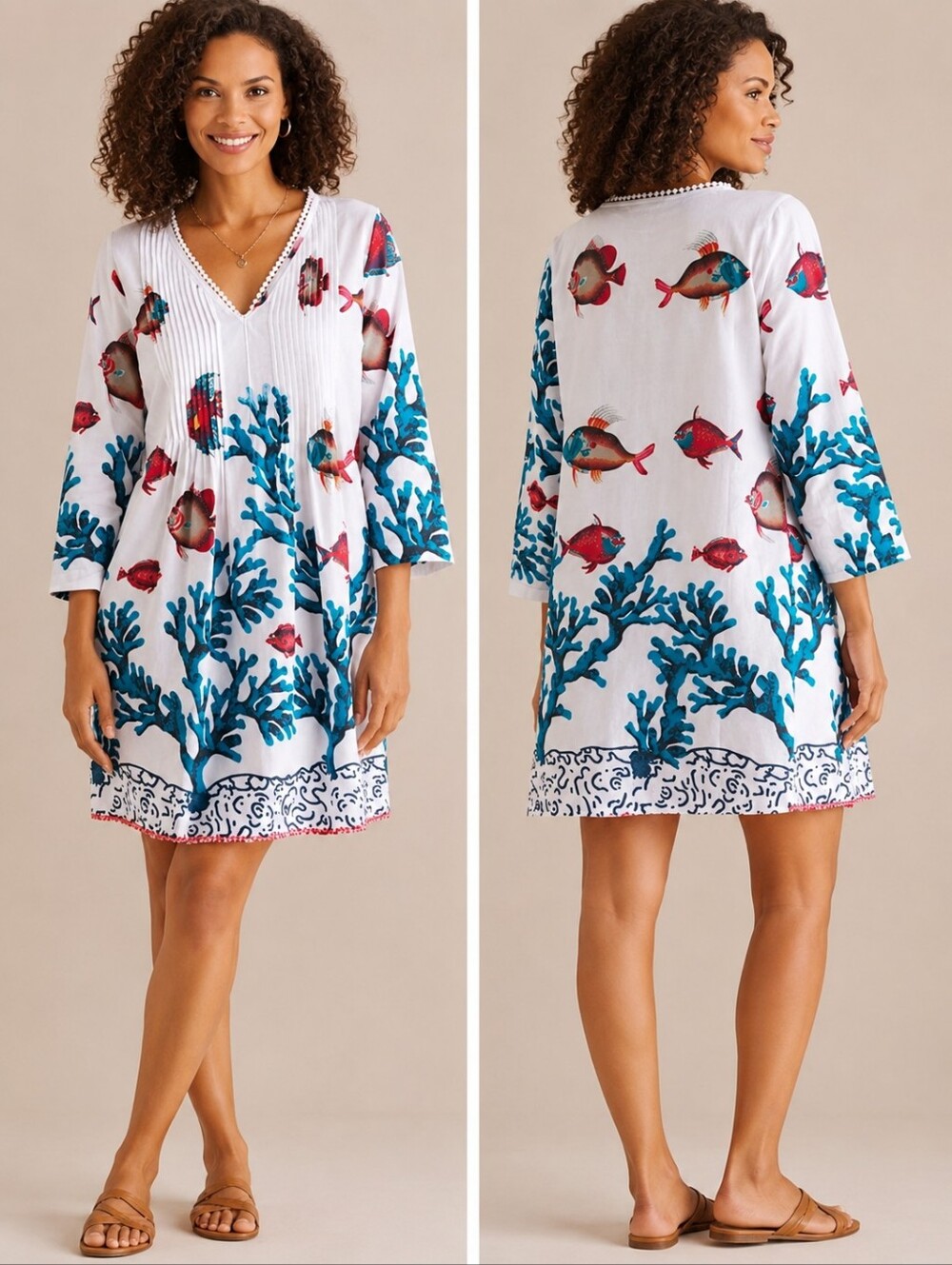 ❤️ NWT! SOFT SURROUNDINGS SEYCHELLES BEADED COTTON PINTUCK TUNIC TOP / COVER-UP